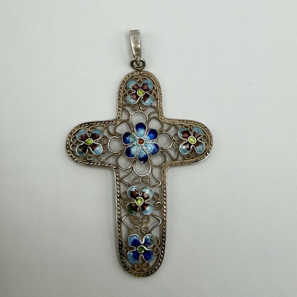 Vintage 925 Sterling Silver Floral Enamel Cross Pendant Religious